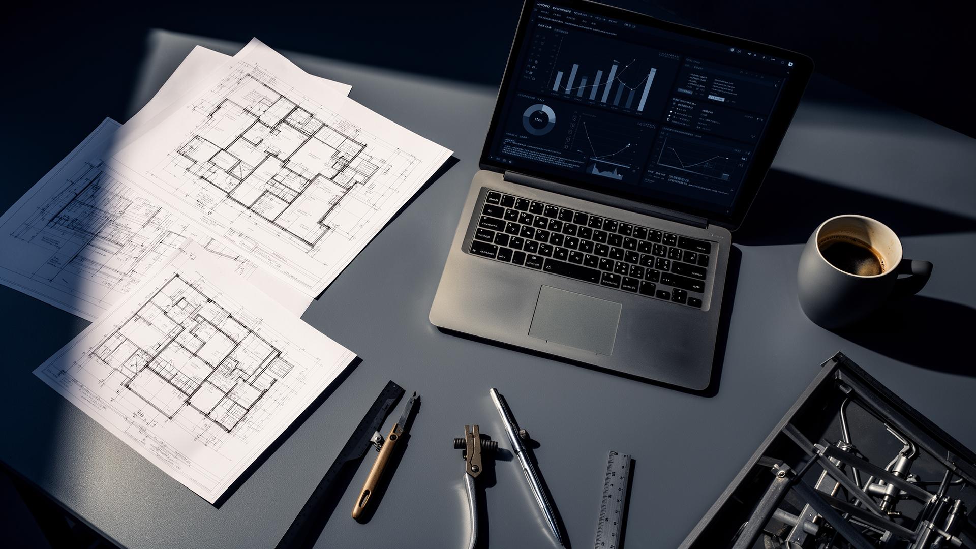 Workspace with blueprints, laptop, and planning tools representing the AI coaching process
